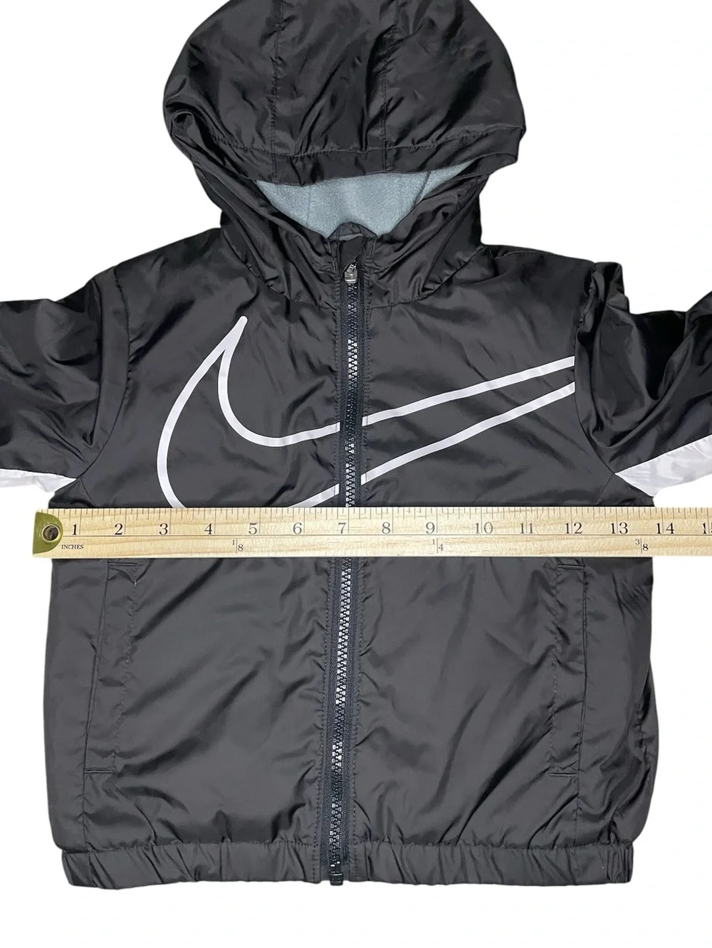 Nike Black with White Swoosh Hooded Fleece Lined Fall/Spring Jacket-Kids 7